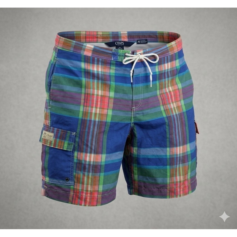 Chaps Men's Blue, Green, & Red Plaid Swimshorts. Size L